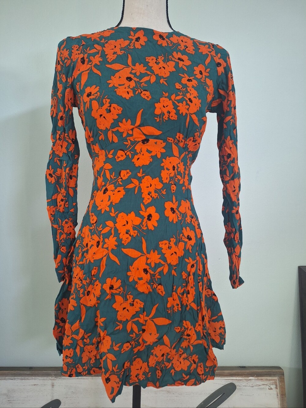 Rue Stiic Floral Long-Sleeve Green Orange Fit Flare Open Back Dress XS